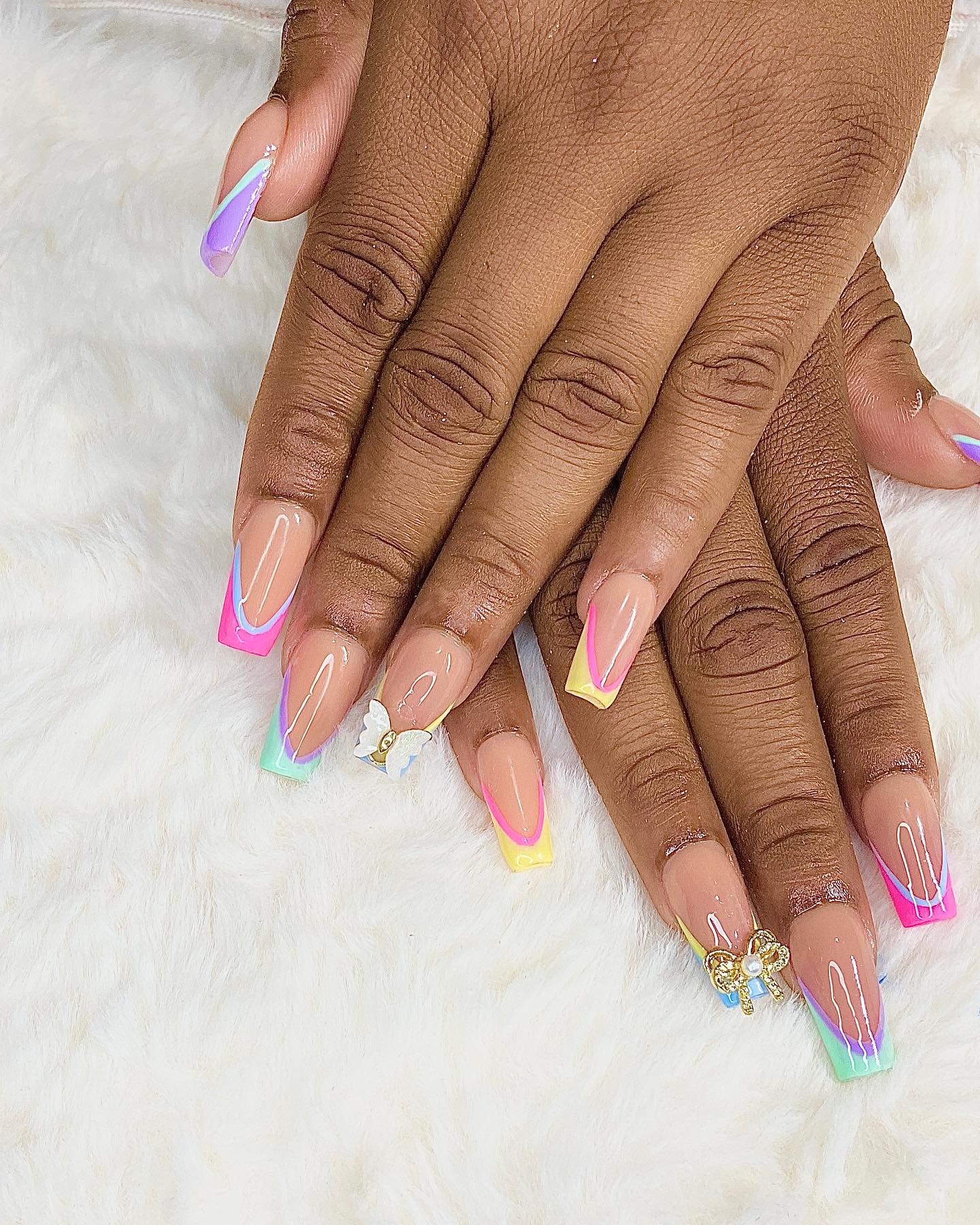Colorful French Tip Nails with Charms