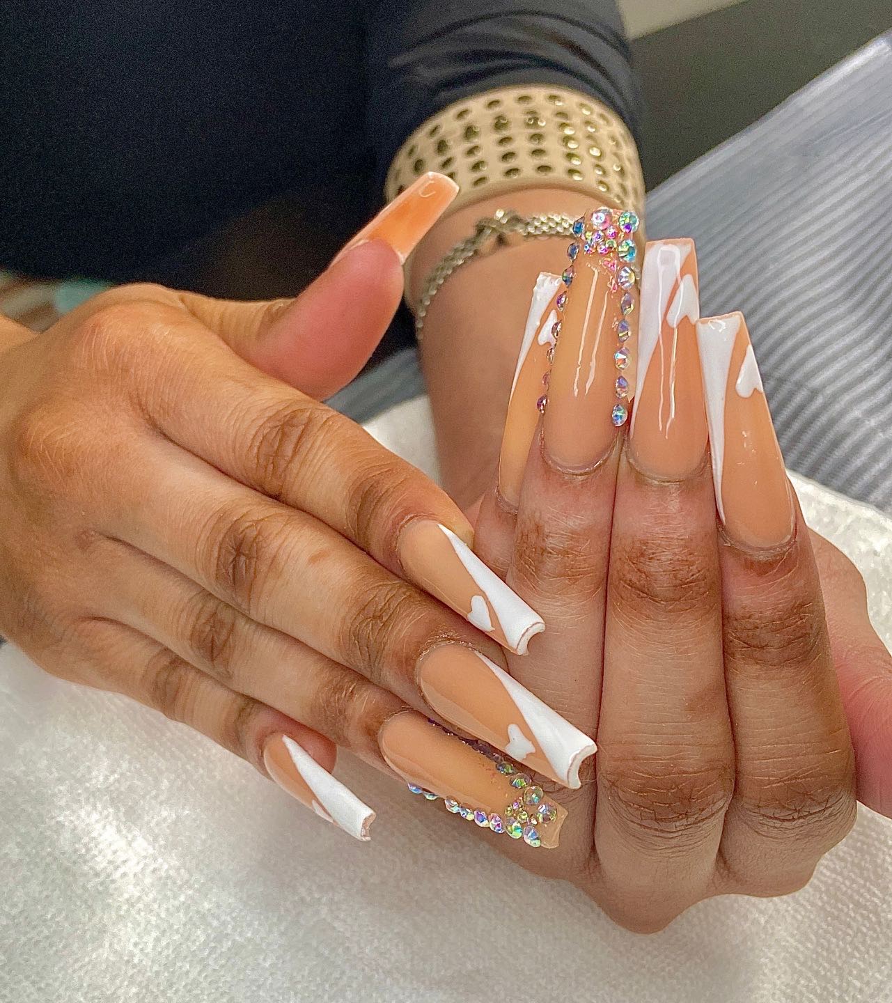 Stylish Nude and White Heart Nails