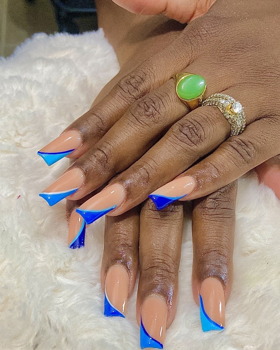 Nude and Blue Artistic Nails