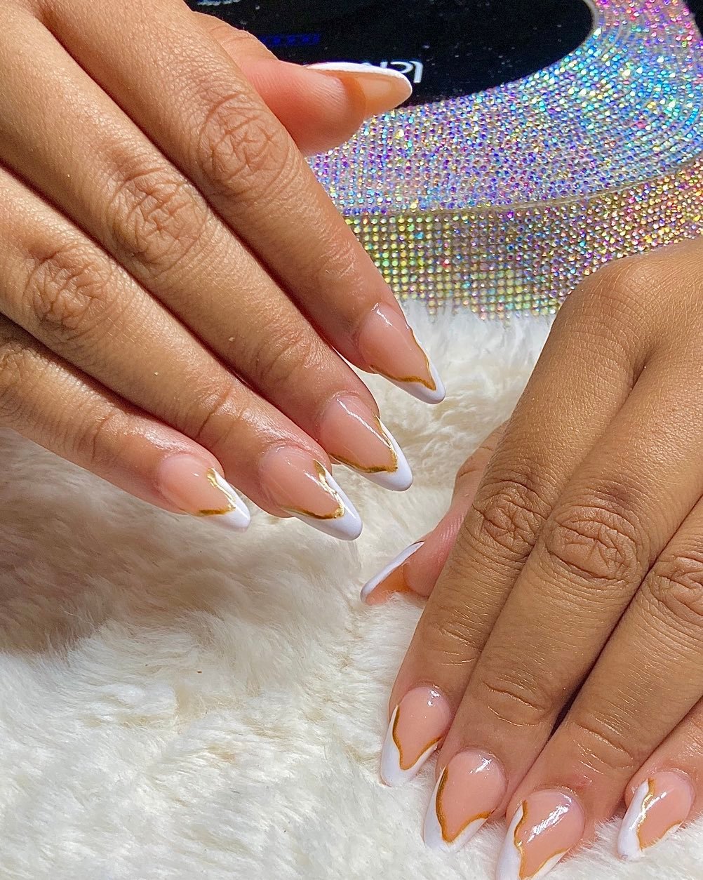 Elegant Gold and White French Tip Nails