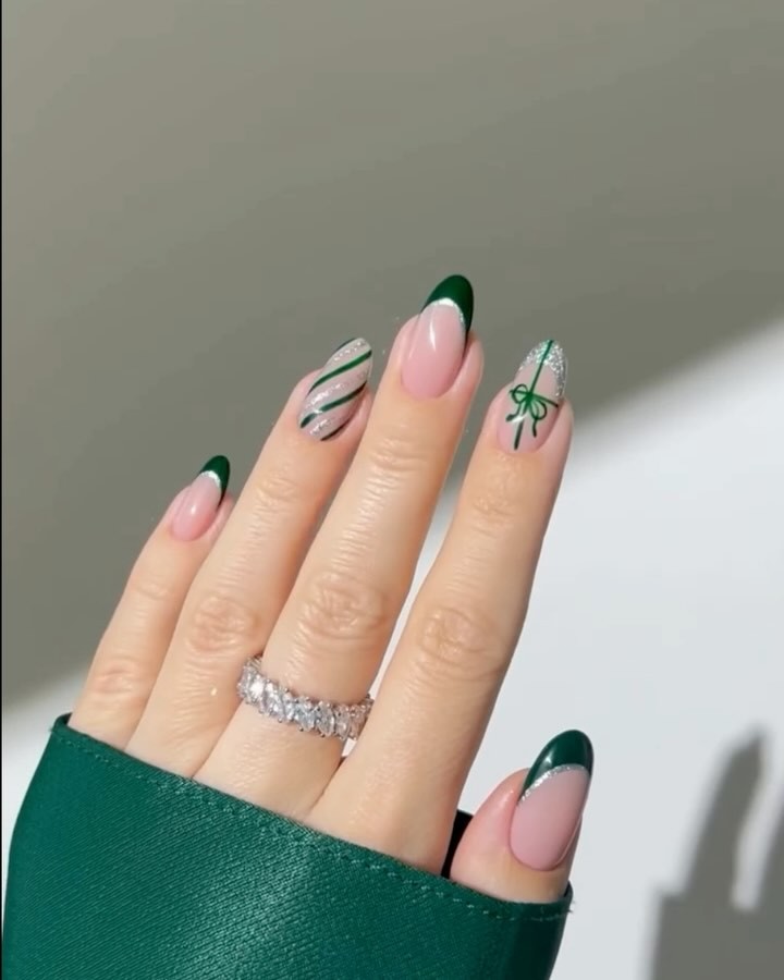 Elegant Green and Nude Nail Art