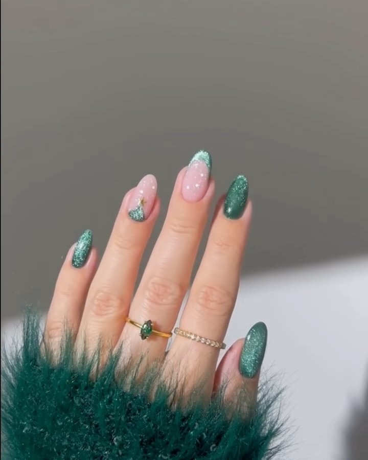 Glittery Green and Pink Nails