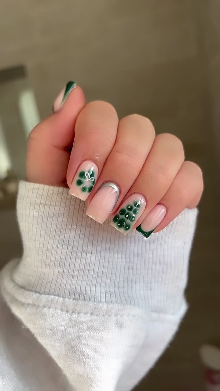 Artistic Green Floral Nail Design