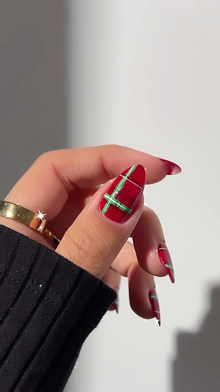 Stylish Red Plaid Nails