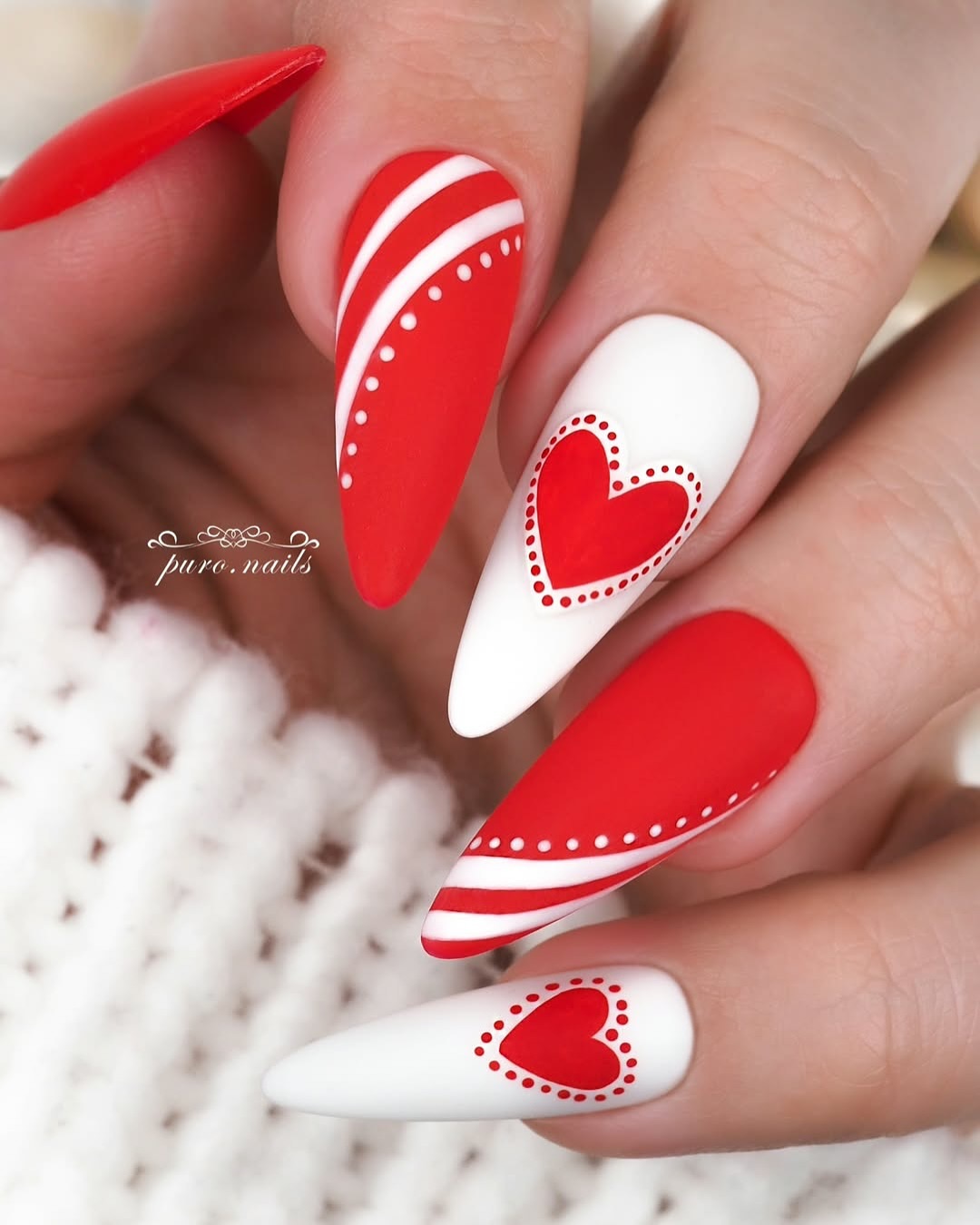Red and White Heart-Themed Nail Art
