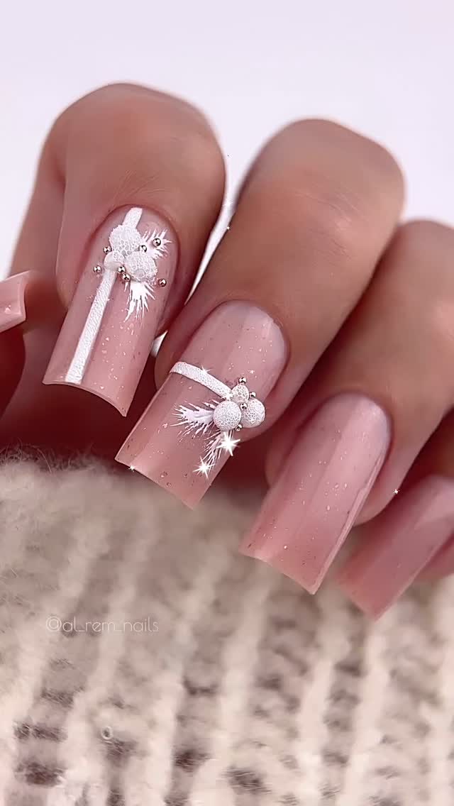 Elegant Nude Nails with White Designs