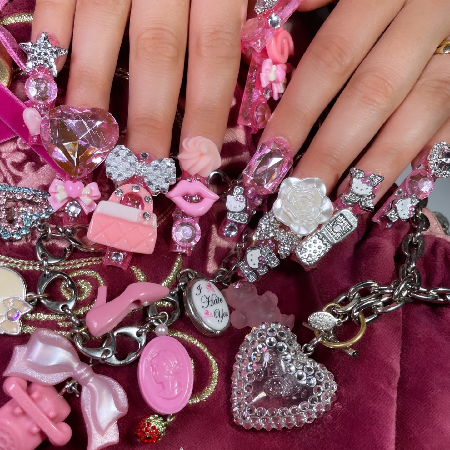 Stylish Pink Charms and Rhinestones Nails